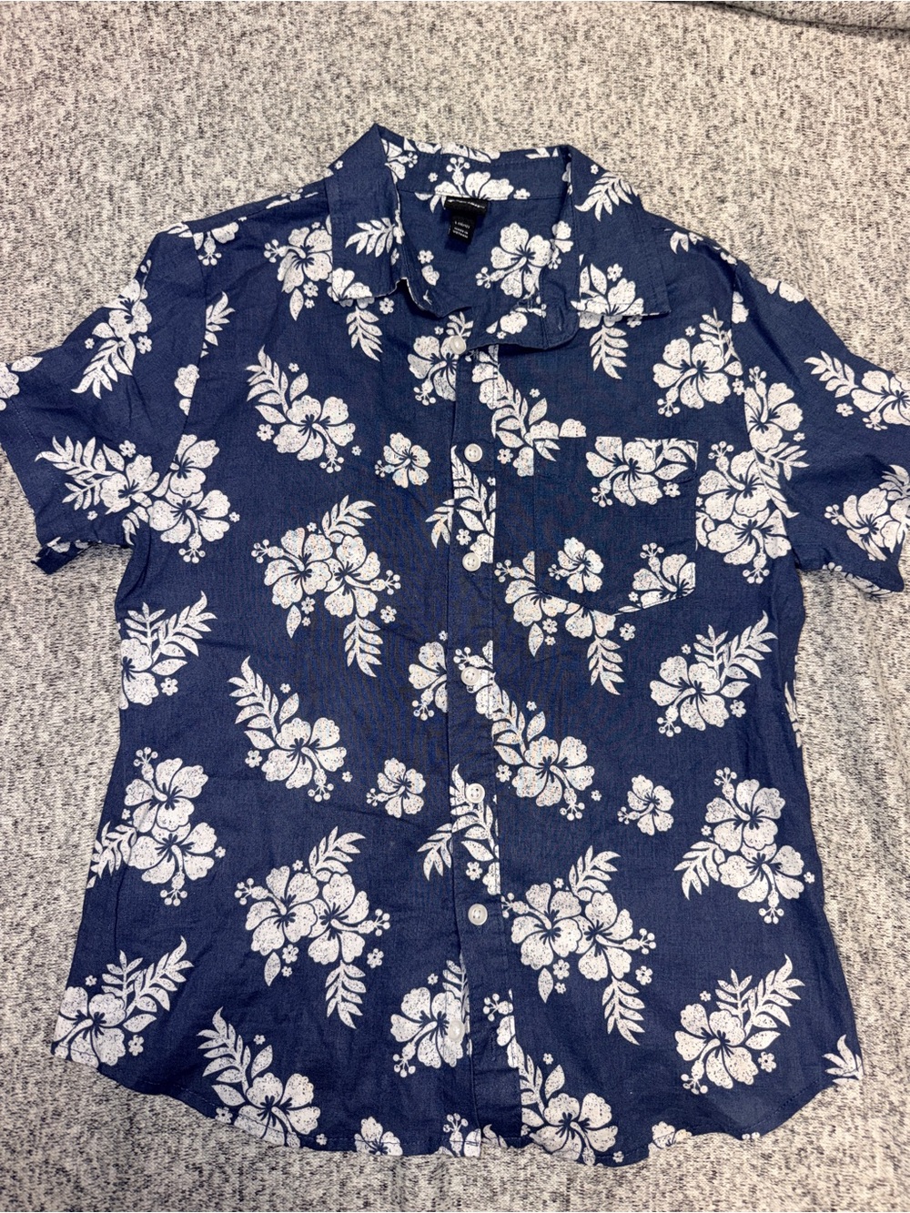 Youth Boys Navy Blue Floral Short-Sleeve Button-Up Shirt-Linen Blend